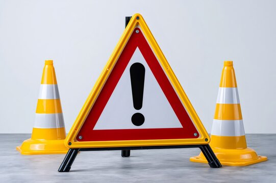 Warning sign with exclamation mark and traffic cones