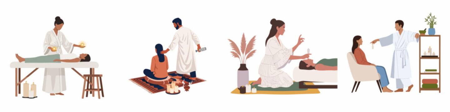 Set of illustrations depicting alternative healing practices including reiki, energy work, crystal healing, and sage smudging for holistic wellness and spiritual health.