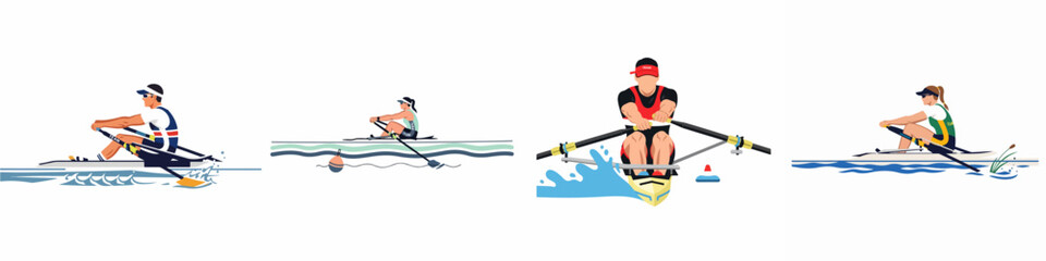 Set of diverse rowing illustrations featuring male and female athletes competing in single sculls with various artistic perspectives and flat graphic designs. © Muqodimatul