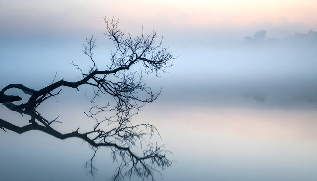 Branch reflected in still water during foggy twilight creating a minimal calm peaceful meditative zen monochrome nature landscape photograph generative AI