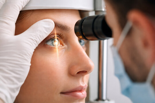 Ophthalmologist examining a patient eye with slit lamp during modern vision care consultation