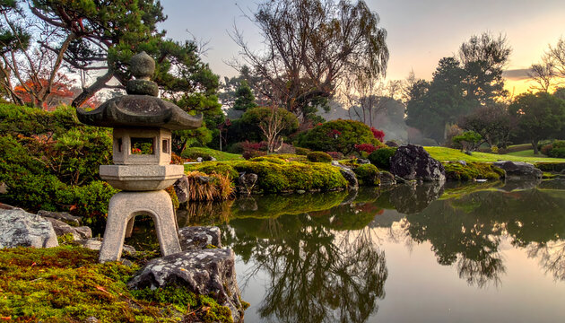 Stone lantern beside still pond water in Japanese garden during twilight creating a minimal calm peaceful meditative zen photograph generative AI
