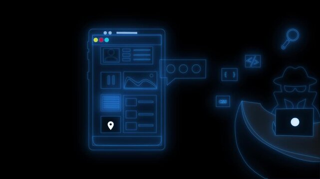 Neon app interface and hacker silhouette animation on black background