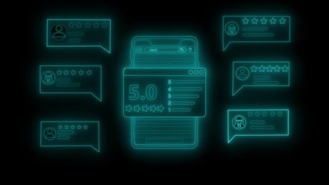 Neon mobile reviews glow animation on black background