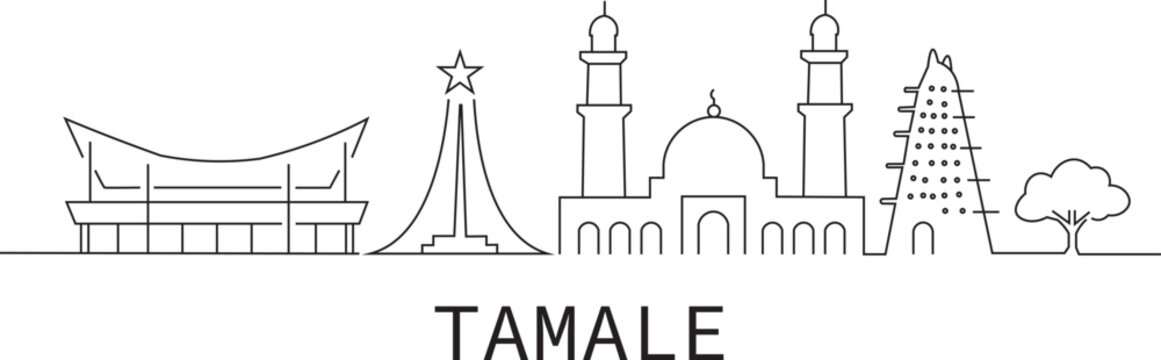 Simple line art shows Tamale's skyline