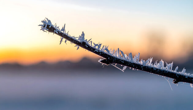 Branch covered in frost against a pale winter sky during sunrise creating a minimal calm peaceful meditative zen macro photograph generative AI