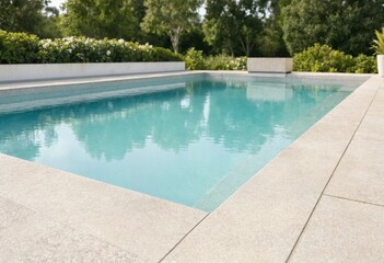 Fototapeta premium Modern luxury backyard featuring swimming pool, landscaped garden, elegant patio, stylish lounge furniture, privacy fence, contemporary architecture, peaceful outdoor living, summer relaxation retreat