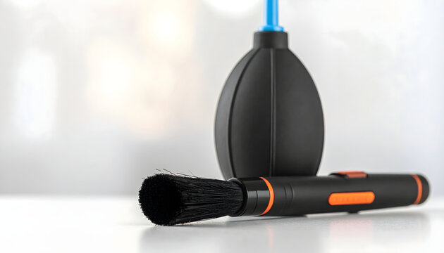 Camera cleaning kit with brush and blower sitting on desk with soft bokeh background generative AI