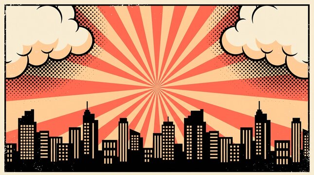 Warm orange skyline featuring radiant comic sunburst rays, fluffy clouds, and detailed city buildings. Great for travel, business, promotional, and editorial projects.