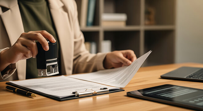 Professional business person using a rubber stamp to authorize official documents on an office desk.