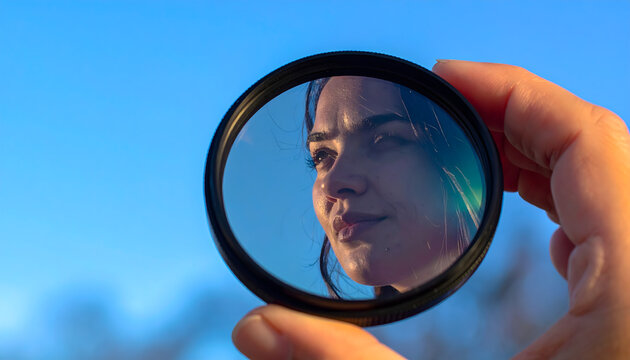 Photographer hand holding polarizing filter up to light creating clear technical atmosphere for advertising generative AI