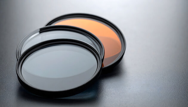 Neutral density filters stacked on dark surface providing sleek technical atmosphere for filter kit advertising generative AI