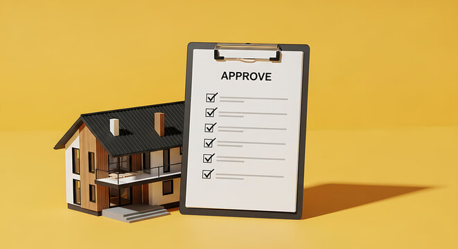 A miniature model house next to a clipboard with an approved checklist on a yellow background.