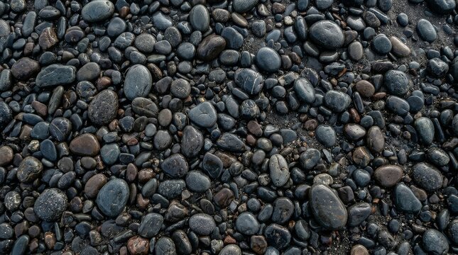 Wet pebbles and stones form a textured natural surface