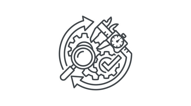 Clean Monochromatic Line Art of Interconnected Gears Wrench Clock and Magnifying Glass Symbolizing Maintenance Inspection and Efficiency