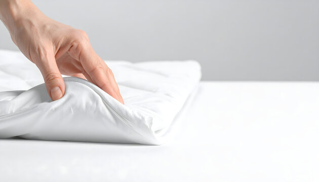 Bedsheet hand folding posing creating calm and tidy professional bedding brand advertising atmosphere generative AI