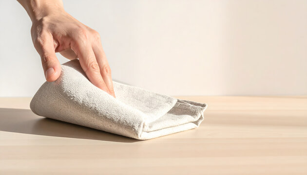 Linen napkin hand folding posing creating calm and homely professional home textile advertising atmosphere generative AI