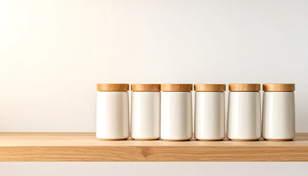 Ceramic spice jars lining posing creating organized and inviting professional kitchenware advertising atmosphere generative AI