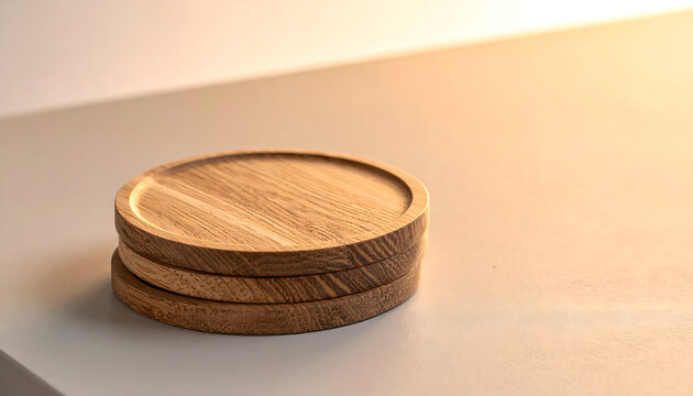 Wooden coasters stacking posing creating simple and refined professional home accessory advertising atmosphere generative AI