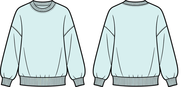 Fashion technical sketch of a light blue oversized sweatshirt front and back view