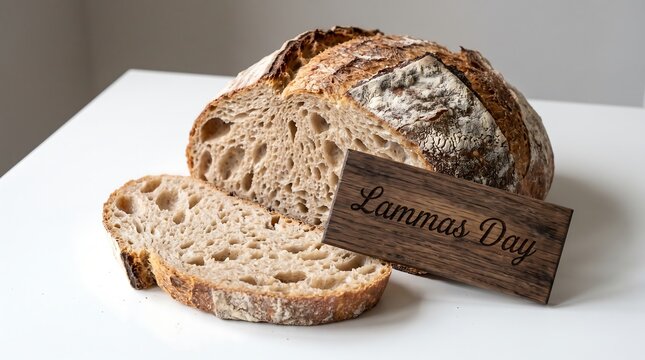 Sliced sourdough bread with lammas day wooden sign