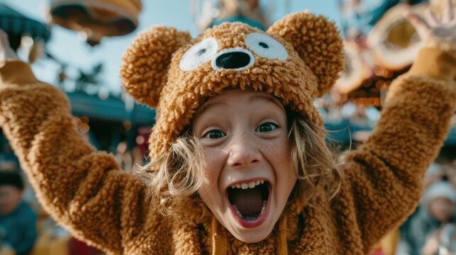 A joyful child in a fuzzy bear costume raises arms excitedly, smiling widely during a bright outdoor event.