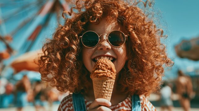 A joyful curly-haired child wearing round sunglasses enjoys a chocolate ice cream cone on a sunny day at a lively amusement park.