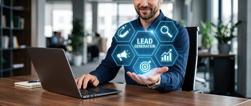 Businessman using laptop with digital lead generation icons in modern office environment highlighting marketing strategies and innovative technology solutions