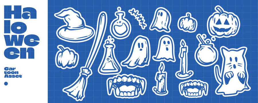 Spooky Halloween Cartoon Elements Collection With Witch Hat, Broom, Potions, Ghosts, Pumpkin, Candle, Fangs and Cat