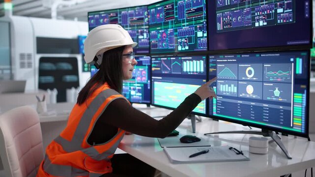 Woman Engineer Monitors Factory Control System