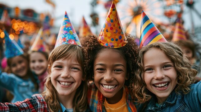 Three children wearing colorful party hats smile happily at a festive outdoor celebration with blurred lights and people in the background.