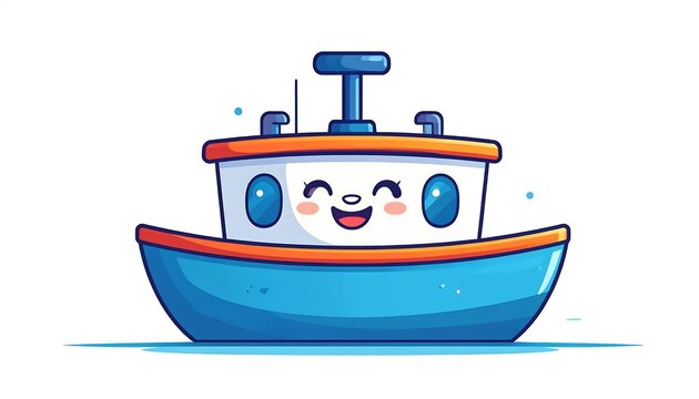 Blue toy boat with smiling face and captains wheel.