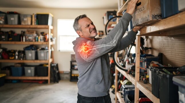 Man Reaching High Garage Shelf with Shoulder Pain Anatomy Overlay