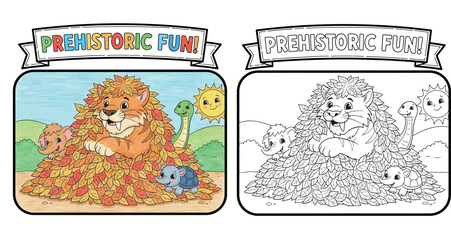 Cute Kawaii Cartoon Prehistoric Scene with Saber-Toothed Tiger Playing in Autumn Leaves © Dewan