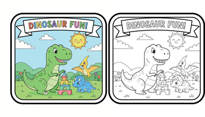 Cute Cartoon Dinosaurs Play with Building Blocks in a Sunny Meadow - Vector Illustration © Dewan