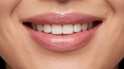Naklejka premium Close up Portrait of Young Woman Smiling with Shiny Lip Gloss