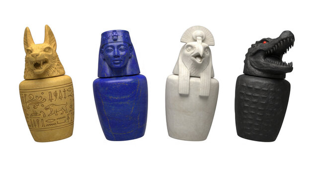 Four Ancient Egyptian Canopic Jars with Animal Heads