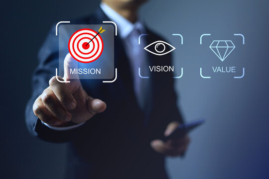 core value concept with mission vision value by a businessman pointing on mission icon represents drive a company growth in future