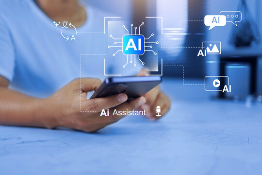 a man using smartphone to interact with AI Assistant interface featuring multi-modal tools for language translation, chatbot chat, image generation