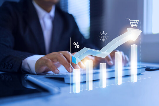 business concept with upward to signify progress, and floating conceptual icons like a percentage sign, a glowing light bulb for ideas, and a shopping cart for retail or e-commerce sales