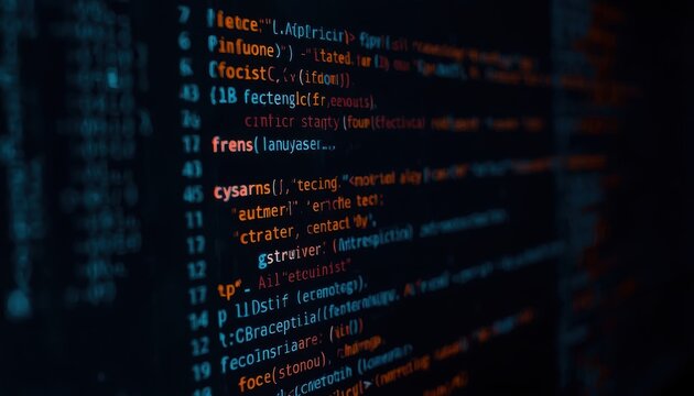 Programming code appears as glowing text characters on a dark digital monitor screen while complex algorithms run in the background to demonstrate advanced software development and data processing.