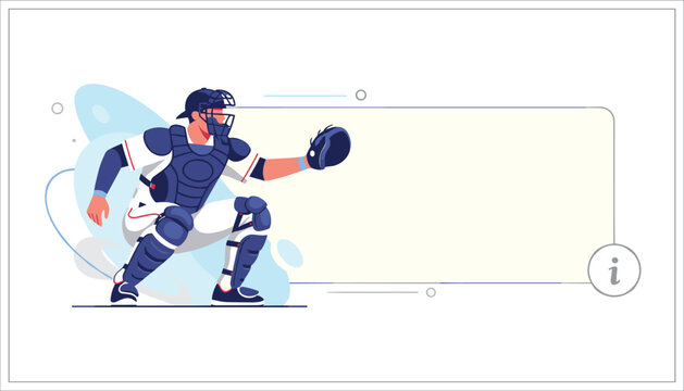 Baseball catcher in a blue and white uniform is shown in action beside a large empty rectangular text frame.