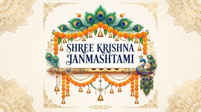 Shree Krishna Janmashtami vector banner with flute, peacock feathers, marigold flower garland, and traditional hanging bells on decorative background