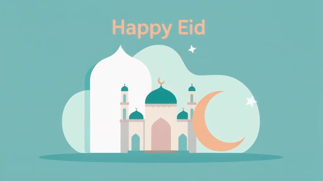 Happy Eid Mubarak greeting card animation. Mosque silhouette with crescent moon and stars on a teal background. Flat vector illustration style for Islamic holidays and religious celebrations.