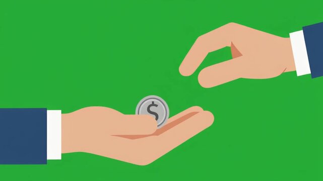 Hand giving silver dollar coin to another hand on green screen background. Flat vector animation showing financial transaction, payment, or donation. Professional business suit sleeves visible.