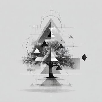 Abstract monochrome tree with geometric shapes and thin lines on grey background