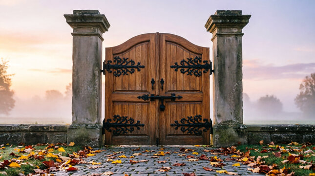Old wooden gate with iron hinges stands between stone pillars covered in autumn leaves.