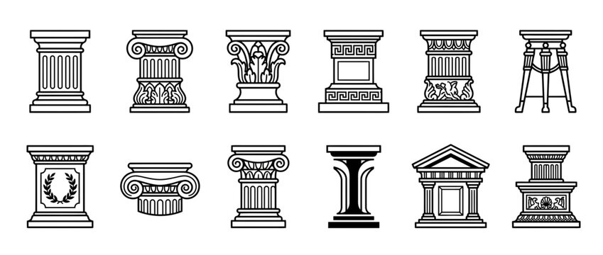 Set of ancient architectural column bases and capitals