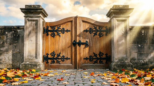 Old wooden gate with iron hinges stands between stone pillars covered in autumn leaves.