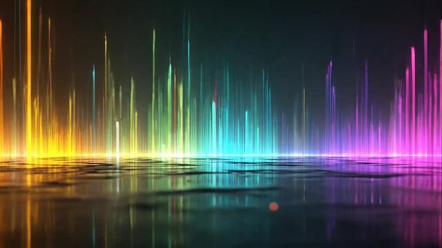 Colorful sound wave equalizer reflecting on black water.